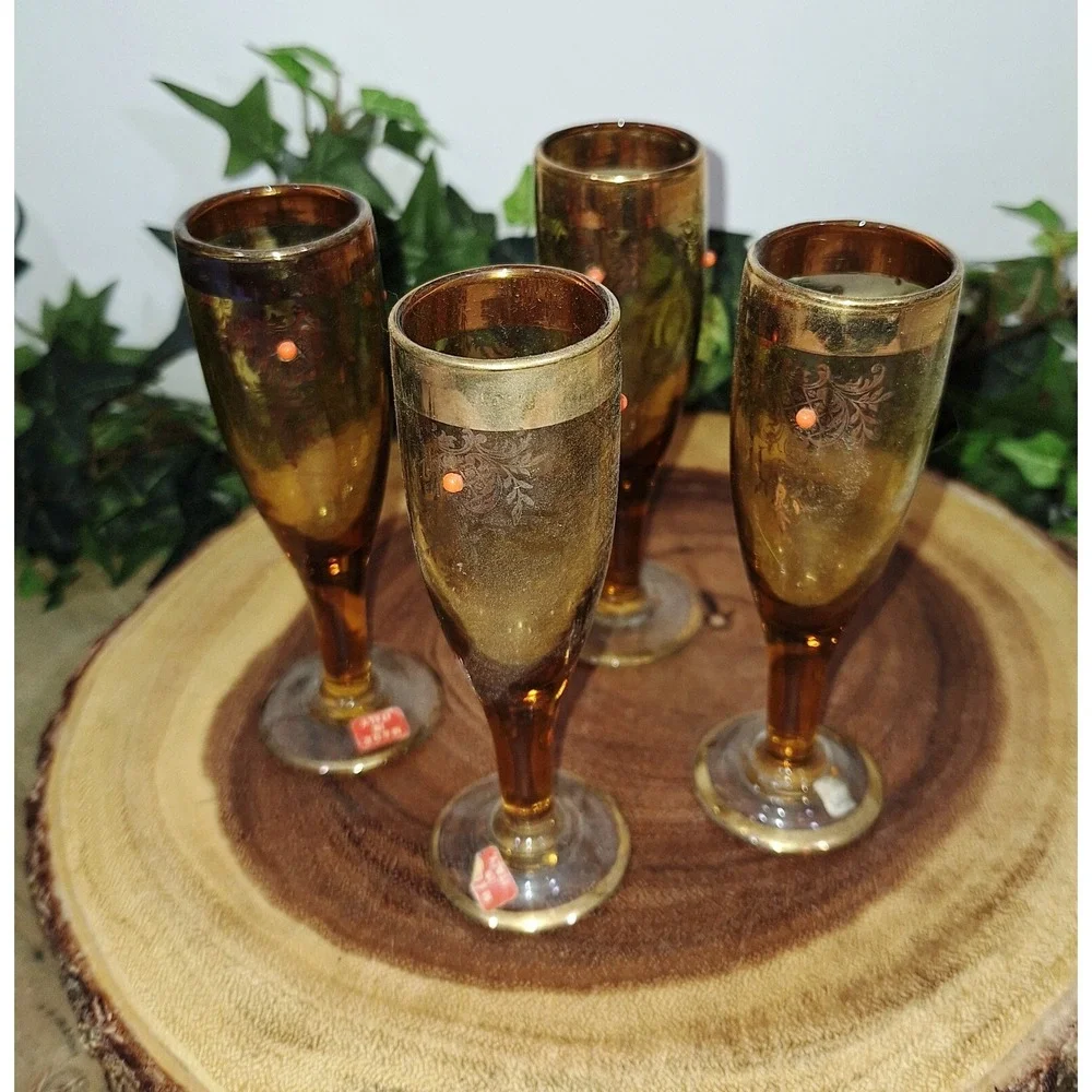 Very Rare Set of 4 Vintage Gold and Beaded Stem Cordial Liqueur glasses Carnival